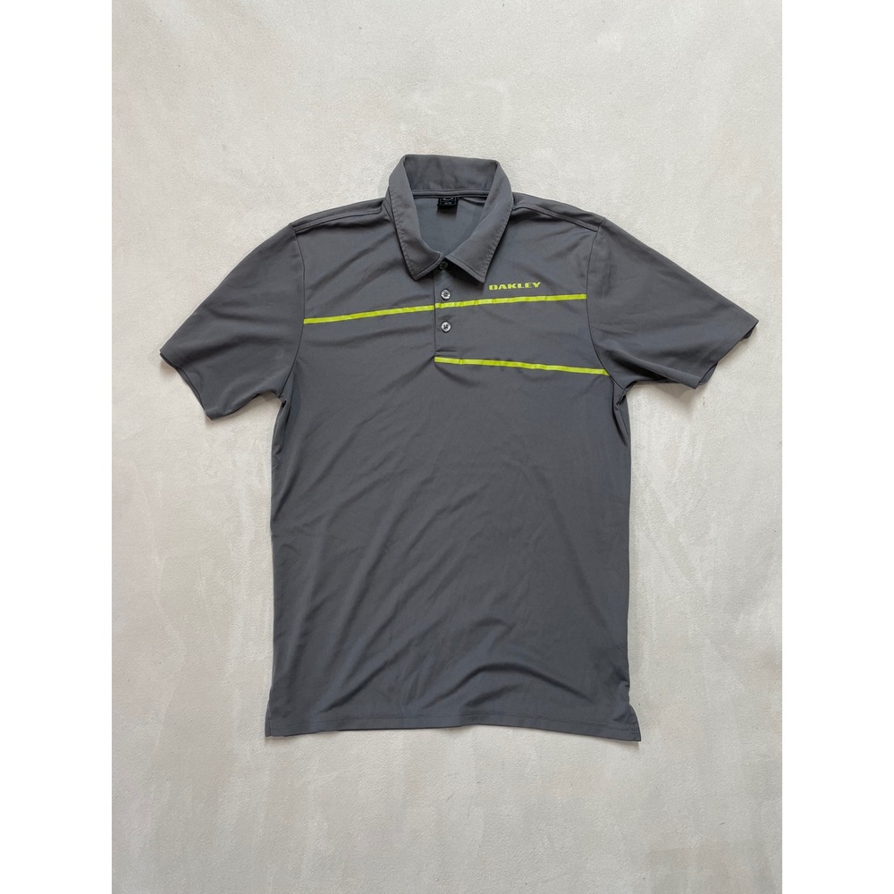 Oakley Mens Gray Neon Yellow Stripe Short Sleeve Golf Polo Shirt Size Medium